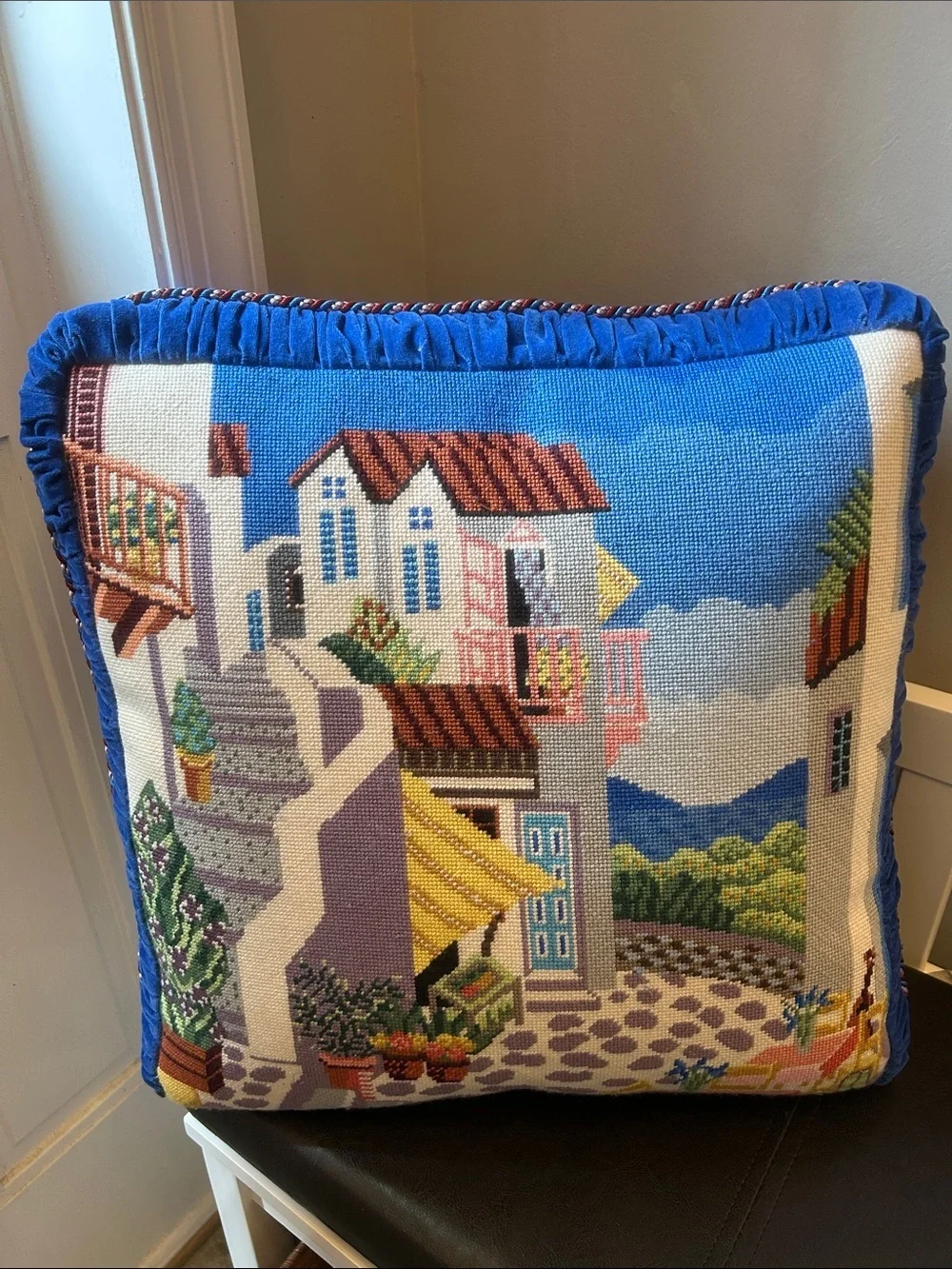 Beautiful Needlepoint Scenic Countryside Pillow  Blue Velvet Back & Lux Cording